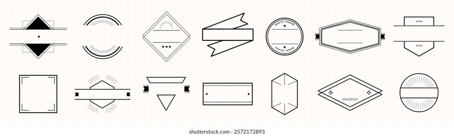 Set of 12 geometric badge templates. Includes circles, rectangles, and triangles. Perfect for labels, logos, and badges. Simple and versatile badge designs. Badge frame element vector set.