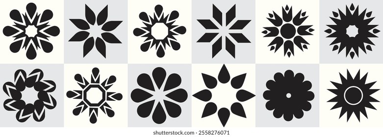 A set of 12 geometric floral designs in black silhouettes, showcasing a variety of symmetrical shapes and patterns on a white background.