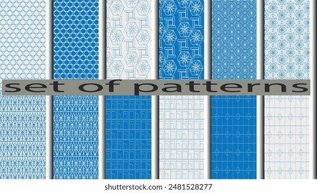 set of 12 geometric patterns in light blue colors