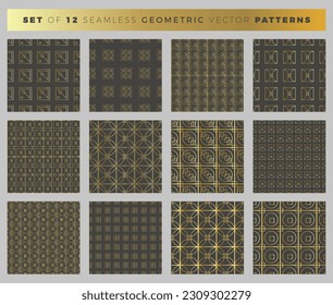 Set of 12 geometric seamless patterns. Collection of vector gray and gold patterns for textiles, wallpaper, wrapping paper, packaging.
