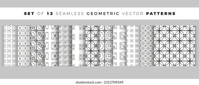 Set of 12 geometric seamless patterns. Collection of vector black and white patterns for textiles, wallpapers, wrapping paper, packaging.