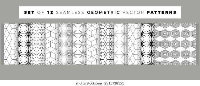 Set of 12 geometric seamless patterns. Collection of vector black and white patterns for textiles, wallpapers, wrapping paper, packaging.