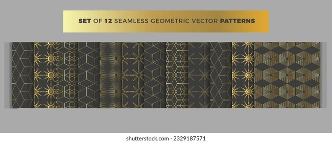 Set of 12 geometric seamless patterns. Collection of vector gray and gold patterns for textiles, wallpaper, wrapping paper, packaging.