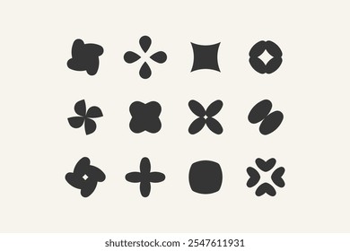 Set of 12 geometric shape - rhombus, flower bud, clover, four-leaf flower. Modern linear design sign.