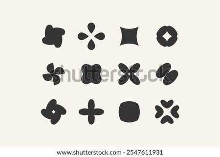 Set of 12 geometric shape - rhombus, flower bud, clover, four-leaf flower. Modern linear design sign.