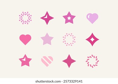 Set of 12 geometric shape - star, rhombus, circle element and heart. Modern linear design sign.