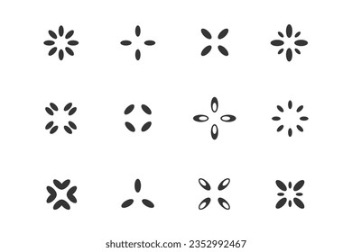 Satz von 12 geometrischen Formen - Sterne, Rhombus, Blumenknospe, Klee, vierblättrige Blume. Modernes lineares Design-Zeichen.