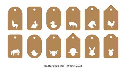 Set of 12 gift or price tags shapes with farm animals. Vector templates for cutting. Craft paper and cardboard discount label cut files	