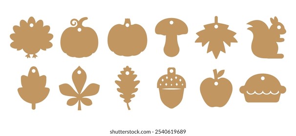 Set of 12 gift tags shapes with fall designs. Vector templates for cutting with craft paper or cardboard. Autumn tag stencils