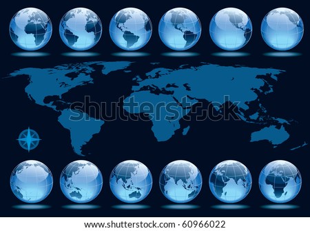 Set of 12 globes showing earth rotation in every two hours period