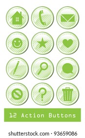 A set of 12 glossy action buttons.