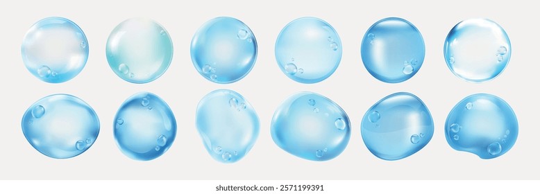 Set of 12 glossy blue water droplets, each with unique shapes and reflections. Blue droplets on a white background, showcasing water's fluidity and shine. Soap bubble element vector set.