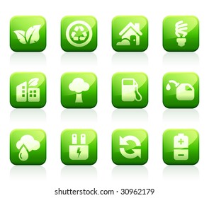 Set of 12 glossy green environmental icons