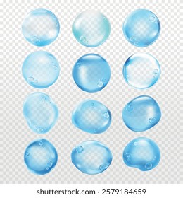 Set of 12 glossy water droplets, transparent and reflective. Water droplets with realistic texture. Perfect for designs needing water droplets or liquid effects. Soap bubble element vector set.