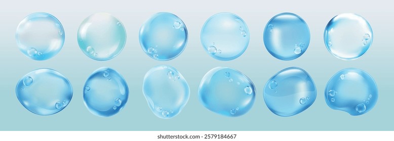 Set of 12 glossy water droplets, transparent and reflective. Water droplets with realistic texture. Perfect for designs needing water droplets or liquid effects. Soap bubble element vector set.