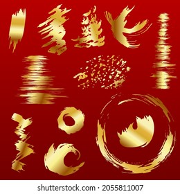 Set of 12 gold brush strokes. Elements for design and creation of frames on a red background. Vector image.