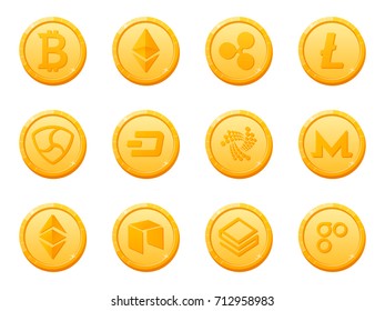 Set of 12 gold coins crypto currency icon. Top digital electronic currency by market capitalization. Bitcoin, Ethereum, Ripple, Litecoin, Dash, NEM, Monero and others. Vector 