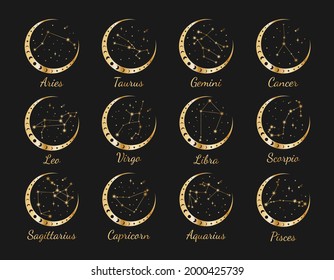 Set of 12 gold zodiac constellations with titles in wreath of moon and stars: Aries, Taurus, Gemini, Cancer, Leo, Virgo, Libra, Scorpio, Aquarius, Sagittarius, Capricorn, Pisces. Vector illustration