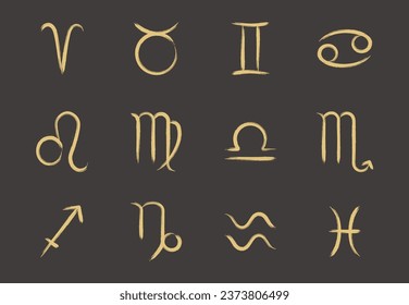 Set of 12 golden hand drawn zodiac symbols. Vector textured astrology signs. Brush texture handwritten zodiac calligraphy collection. 