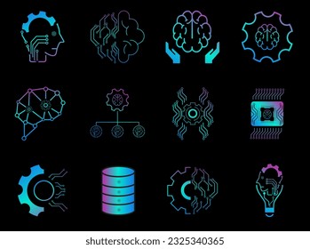 Set of 12 gradient color vector line icons related to the field of computational linguistics, robot and AI technology, language engineering icons