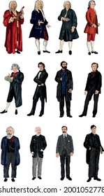 Set of 12 Great Classical Composers Standing Vector Portraits - Vivaldi, Handel, Bach, Mozart, Beethoven, Chopin, Verdi, Wagner, Brahms, Tchaikovsky, Edward Elgar, Ralph Vaughn Williams 