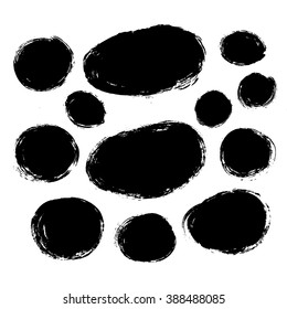 Set of 12 grunge black abstract elliptic textured vector shapes. Vector design grunge elements. Vector abstract background. Vector abstract shapes. Vintage vector stains. Retro vector shapes.