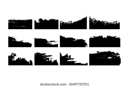 Set of 12 grunge brush banners with rough, ink style strokes. Ideal for posters, digital art, social media, and urban layouts. Perfect for bold, edgy, and artistic visuals.