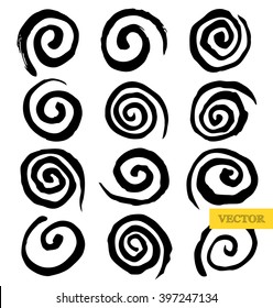 Set of 12 grungy hand drawn spirals, made with ink and brush on white background. Vector graphic collection of the handmade helix. Vector elements for web design, background, logo, wrapper.