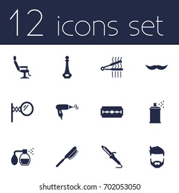Set Of 12 Hairdresser Icons Set.Collection Of Deodorant, Looking-Glass, Whiskers And Other Elements.