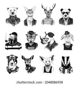 Set of 12 hand drawn animals hipsters