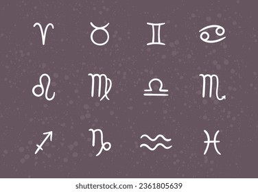 Set of 12 hand drawn astrological vector symbols isolated on textured abstract background