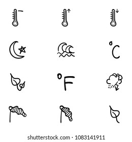 Set of 12 hand drawn cartoon weather icon set on white background