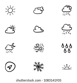 Set of 12 hand drawn cartoon weather icon set on white background