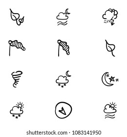 Set of 12 hand drawn cartoon weather icon set on white background