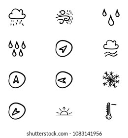 Set of 12 hand drawn cartoon weather icon set on white background