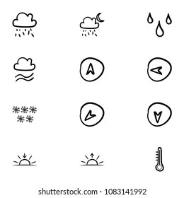 Set of 12 hand drawn cartoon weather icon set on white background