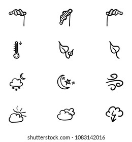 Set of 12 hand drawn cartoon weather icon set on white background