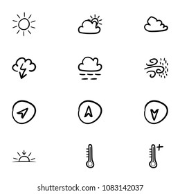 Set of 12 hand drawn cartoon weather icon set on white background