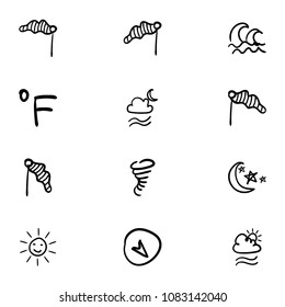 Set of 12 hand drawn cartoon weather icon set on white background