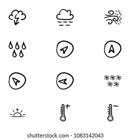 Set of 12 hand drawn cartoon weather icon set on white background