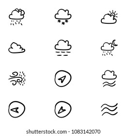 Set of 12 hand drawn cartoon weather icon set on white background