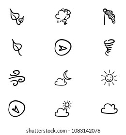 Set of 12 hand drawn cartoon weather icon set on white background
