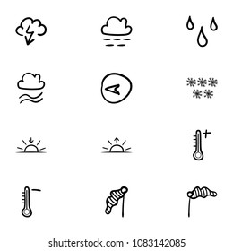 Set of 12 hand drawn cartoon weather icon set on white background