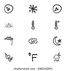 Set of 12 hand drawn cartoon weather icon set on white background