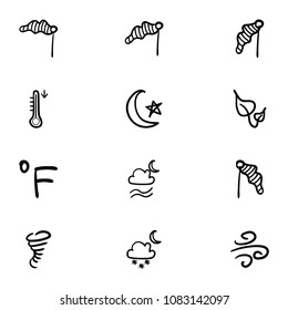 Set of 12 hand drawn cartoon weather icon set on white background