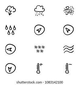 Set of 12 hand drawn cartoon weather icon set on white background