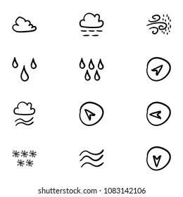 Set of 12 hand drawn cartoon weather icon set on white background