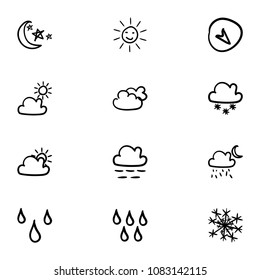 Set of 12 hand drawn cartoon weather icon set on white background
