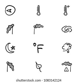 Set of 12 hand drawn cartoon weather icon set on white background