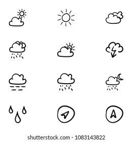Set of 12 hand drawn cartoon weather icon set on white background